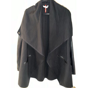 NWT SPANX Drape Front Jacket XS Black Faux Leather Sleeve Stretch Buttons Pocket